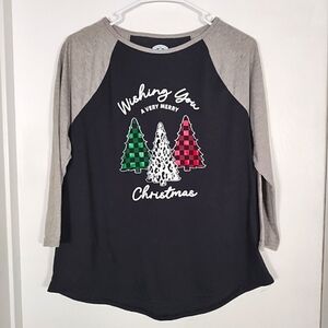 Christmas Tree Top Women's L Plaid Glitter Baseball Tee Shirt 3/4 Sleeve